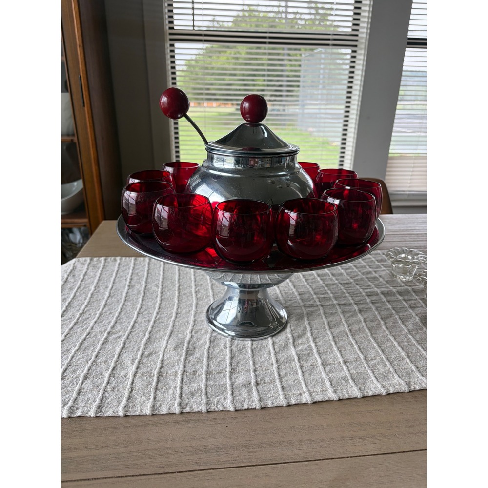 Vintage artdeco Knowles chrome Saturn punch bowl red Bakelite 12 glasses ladle